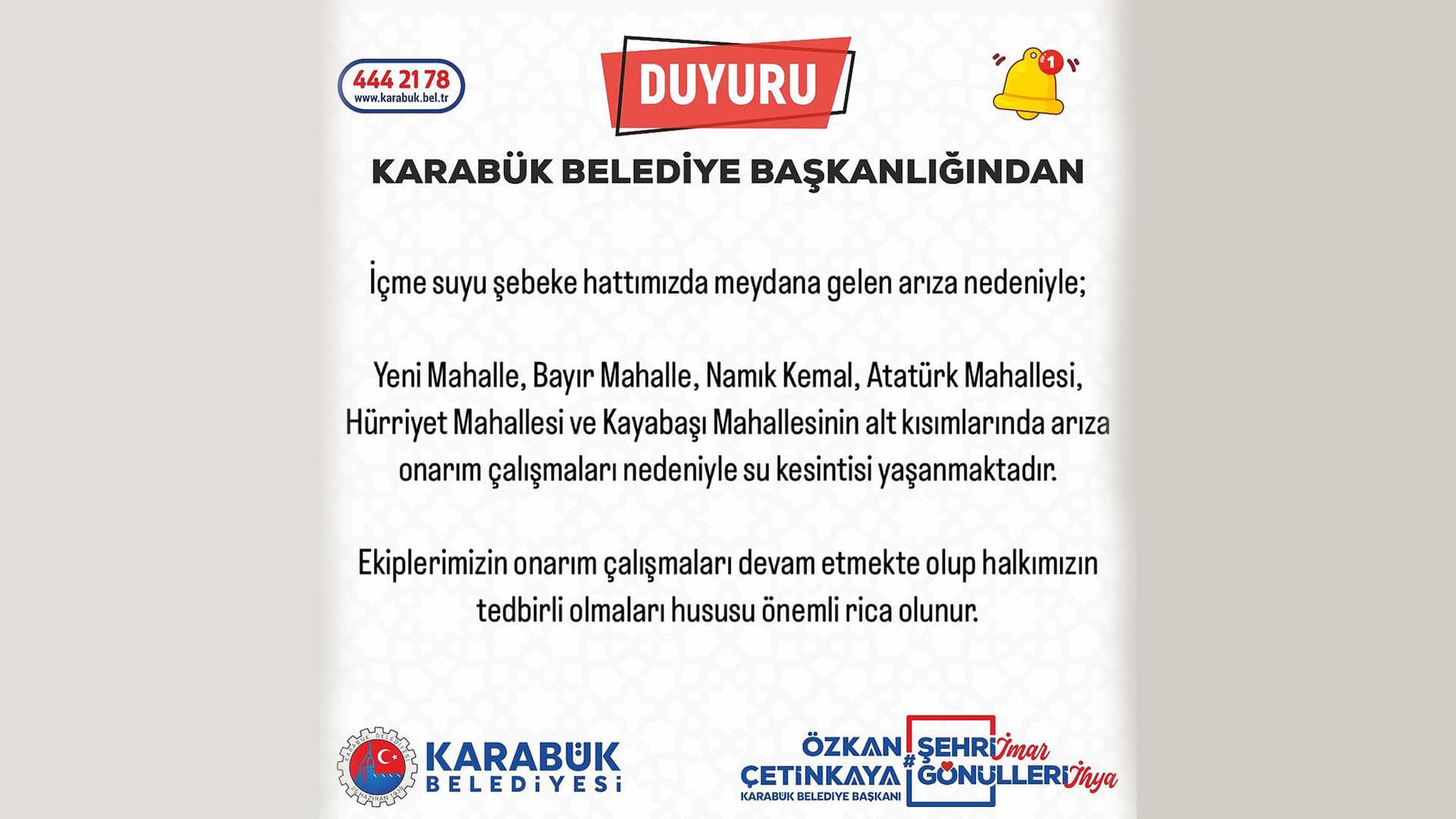 Karabük Belediye Başkanlığından Duyuru