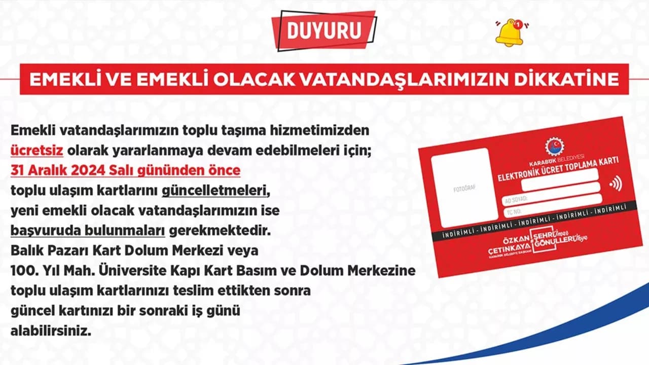 Emekliler İçin Toplu Taşıma Hizmetinde Kart Güncelleme Süresi