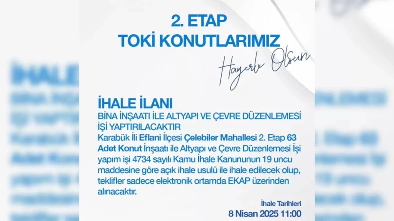 EFLANİ'DE 2. ETAP TOKİ KONUTLARI İÇİN İHALEYE ÇIKILIYOR