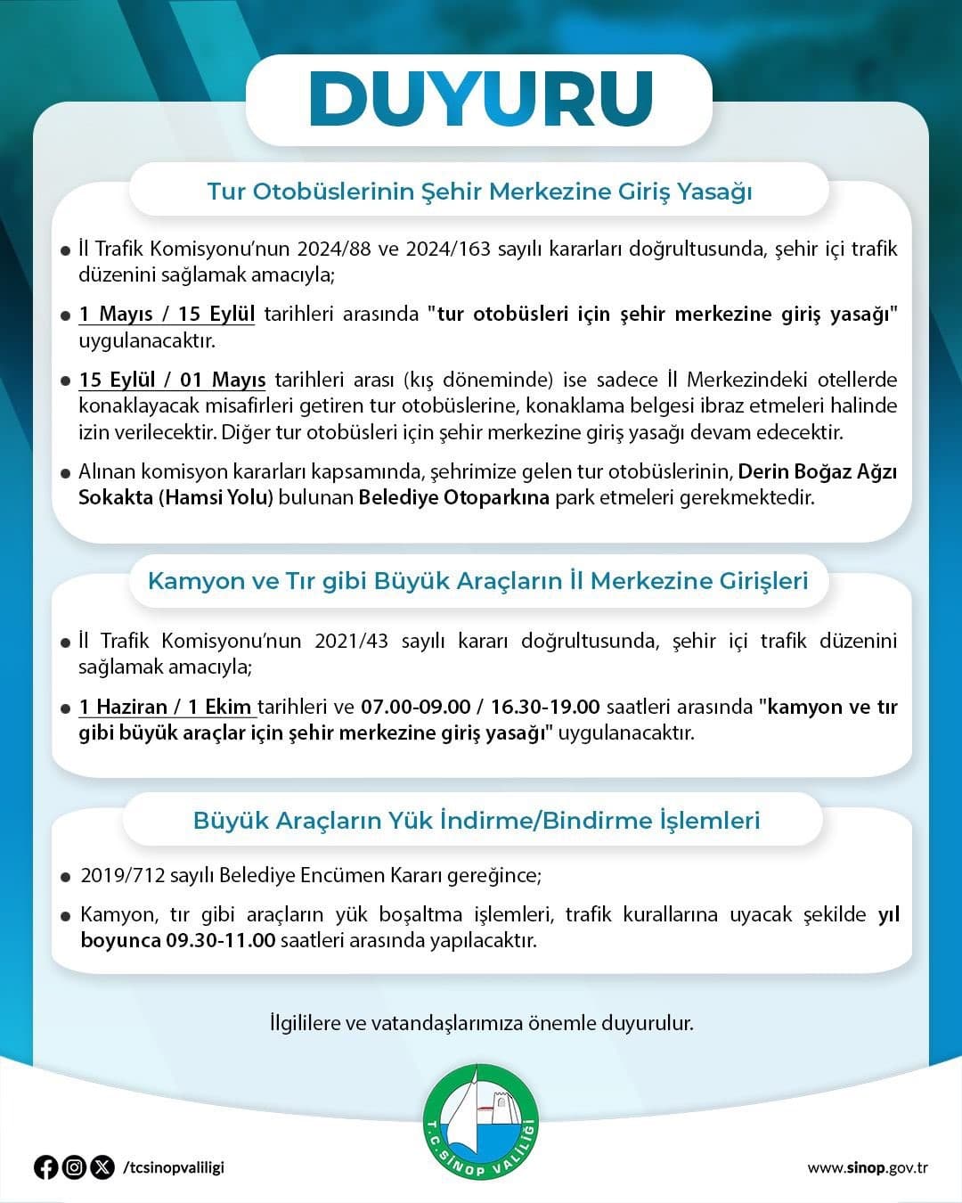 Sinop’ta tur otobüslerinin şehir merkezine girişine yasak
