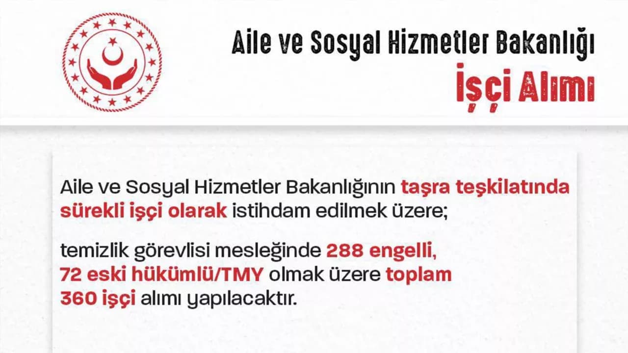Aile ve Sosyal Hizmetler Bakanlığı 360 Sürekli İşçi Alımı Yapacak