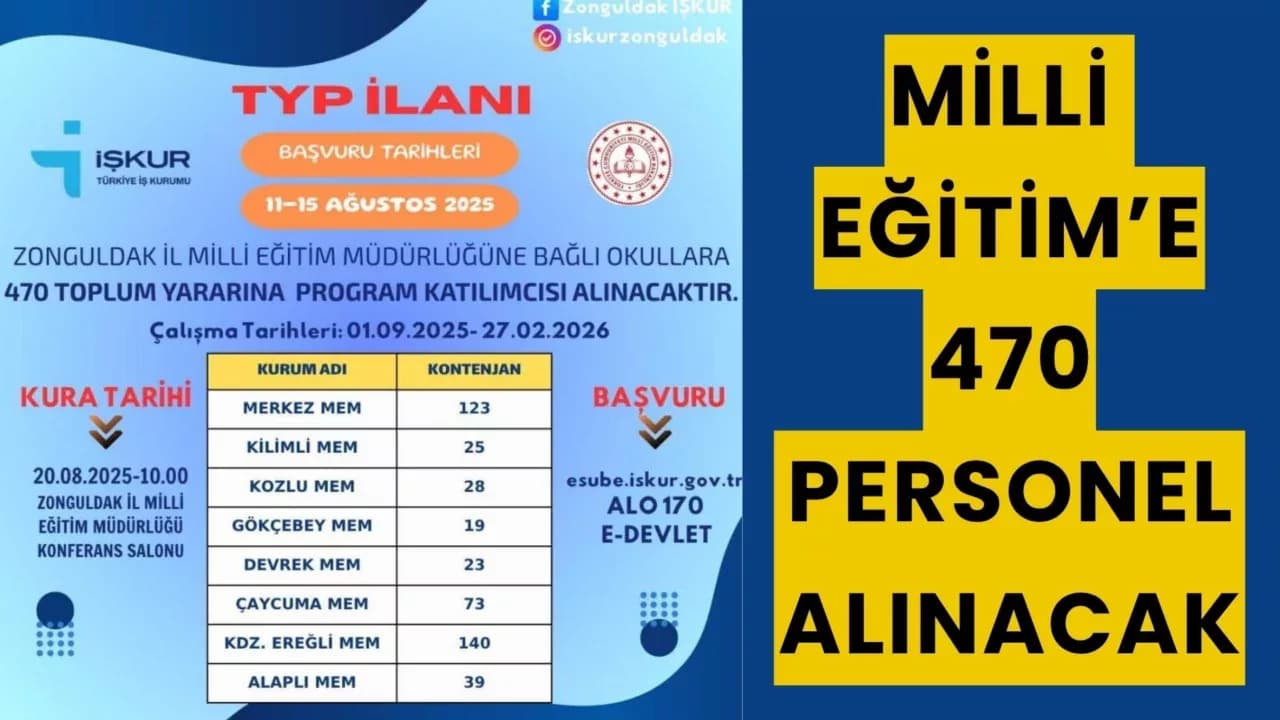 Zonguldak'taki Okullara 470 Personel Alınacak