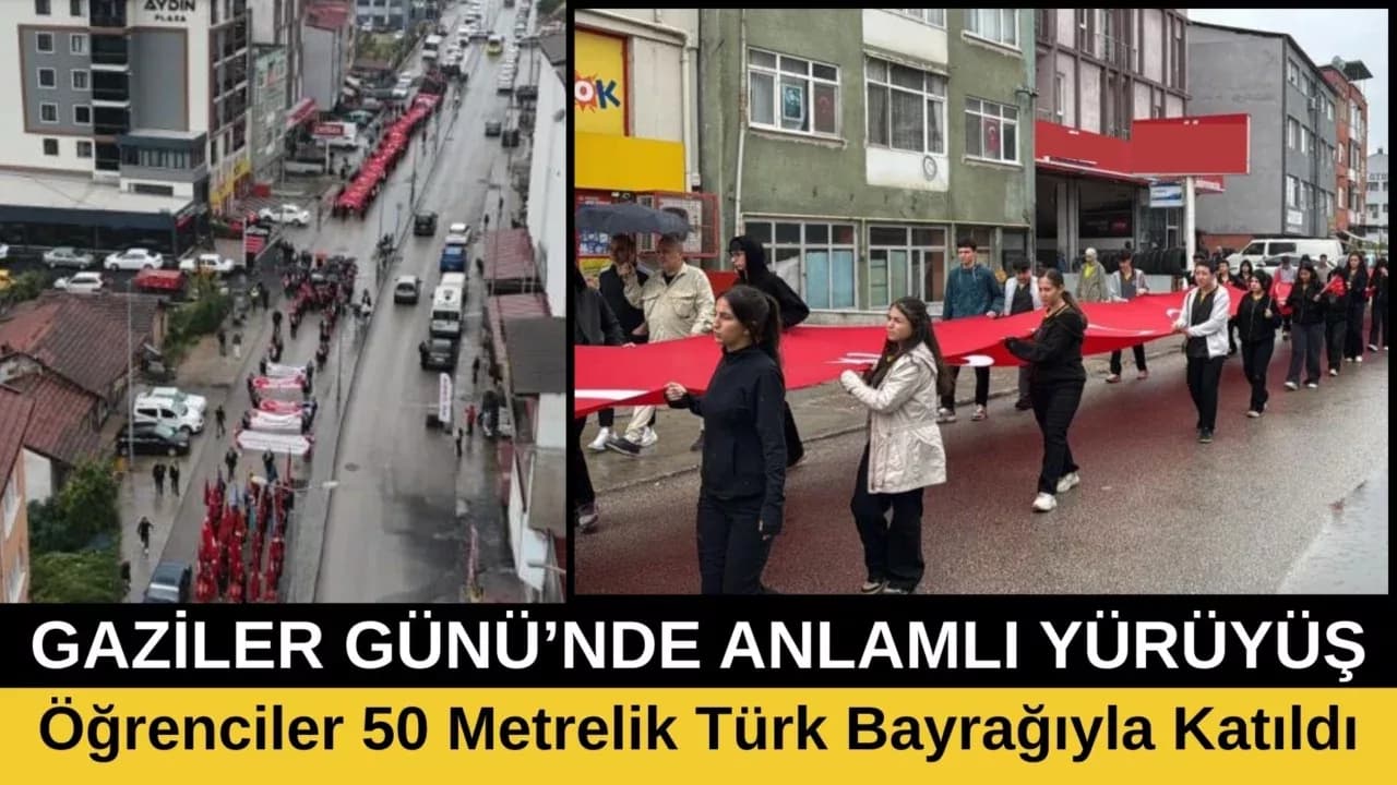 Karabük'te Öğrenciler Gazilerin Yürüyüşüne 50 Metrelik Türk Bayrağıyla Katıldı