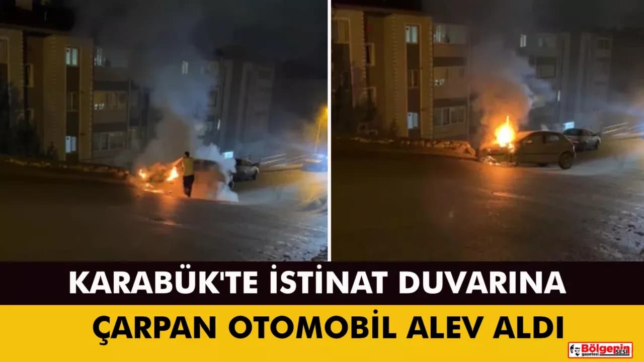 Karabük'te istinat duvarına çarpan otomobil alev aldı