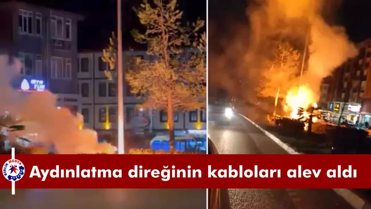 Aydınlatma direğinin kabloları alev aldı