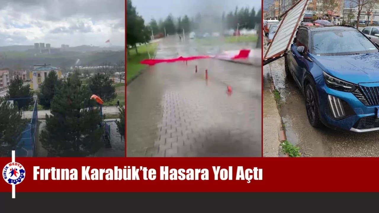 Karabük'te fırtınanın etkisiyle yapıdan kopan parça araca zarar verdi