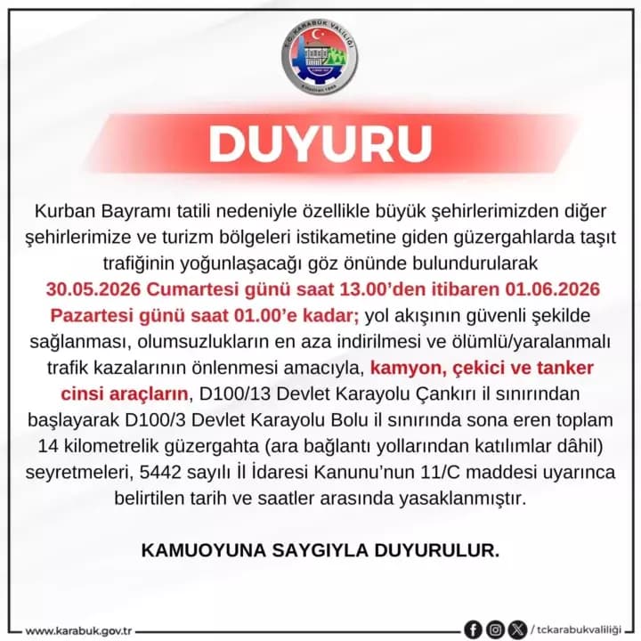 Karabük’te Bayram Öncesi Ağır Vasıtalara Trafik Kısıtlaması!