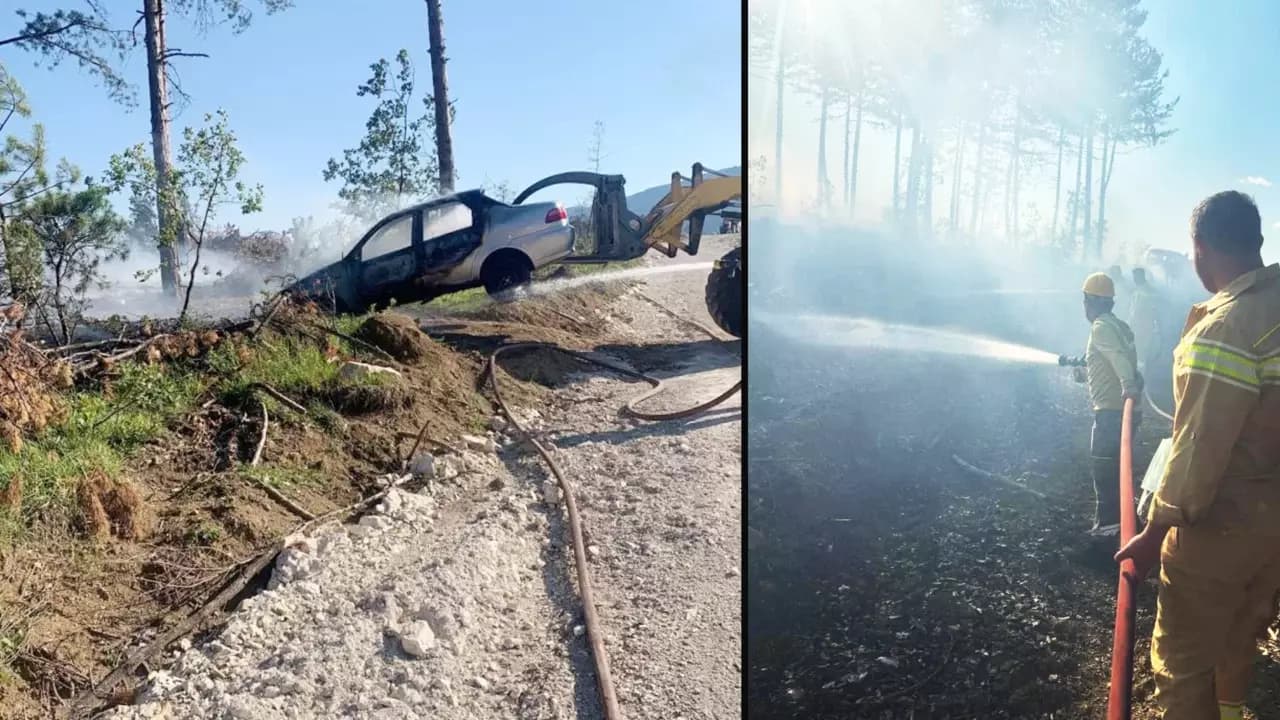Araç yangını ormanlık alana sıçradı, ekipler alevleri büyümeden söndürdü