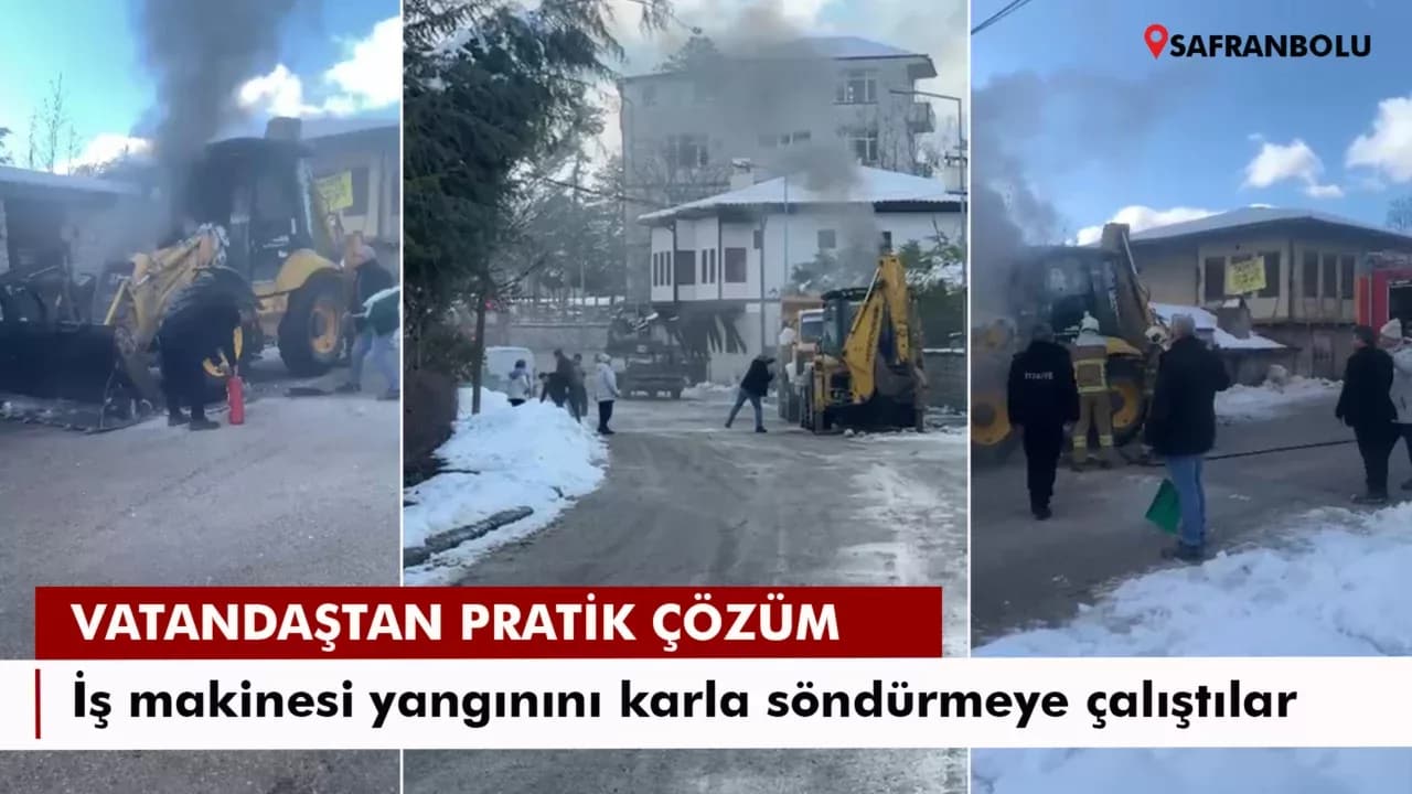 İş makinesinde çıkan yangını karla söndürmeye çalıştılar