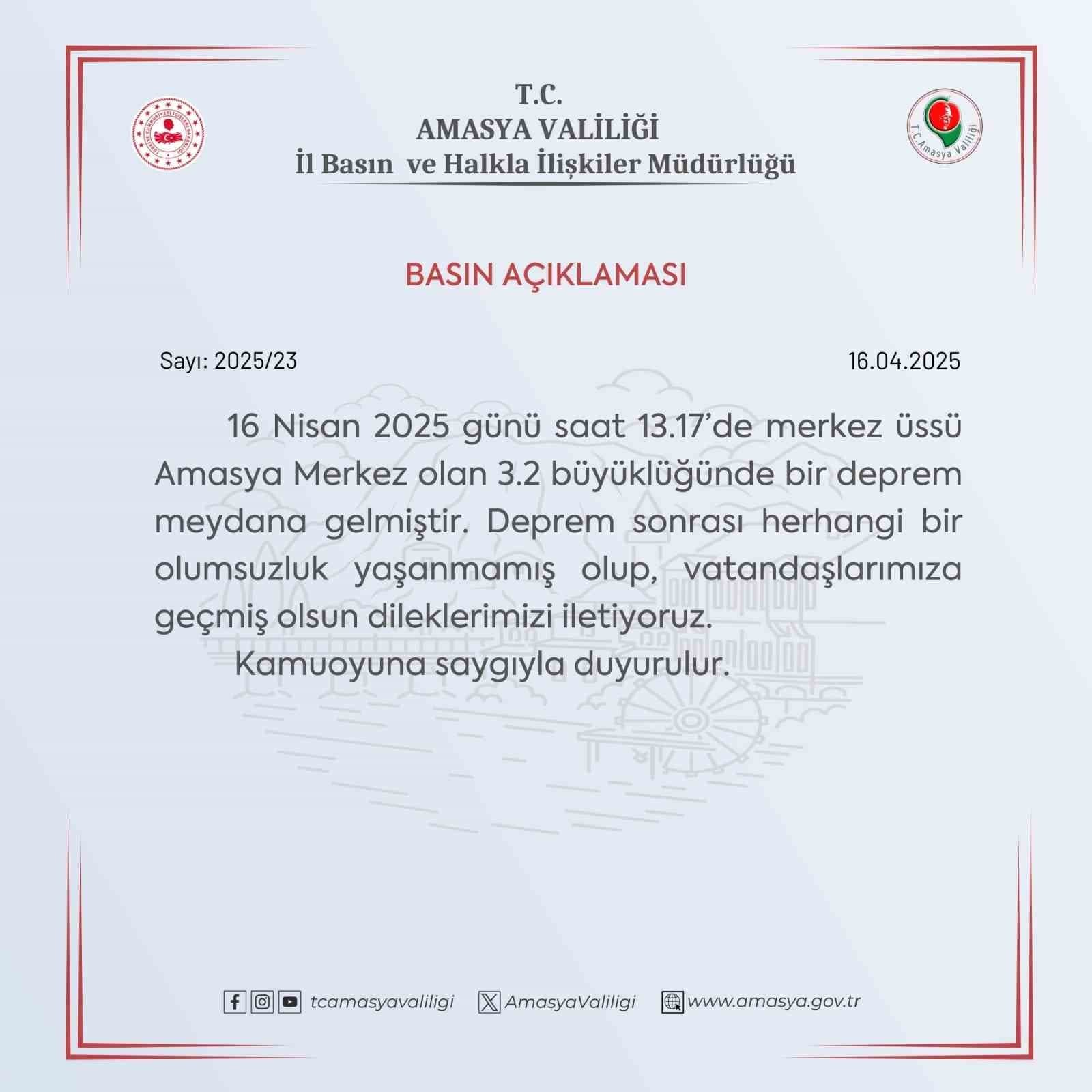 Amasya Valiliği’nden 3.2 depremle ilgili açıklama: "Bir olumsuzluk yok"