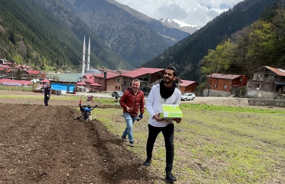 Uzungöl’de Arap turistler, tarlada mısır eken vatandaşlara hurma dağıttı, tarla belledi